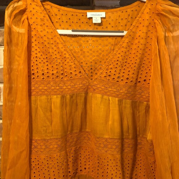 Sundance Romance Embroidered Lace Sheer Dress V Neck Rust Sz Small Boho Hippie - Picture 3 of 8
